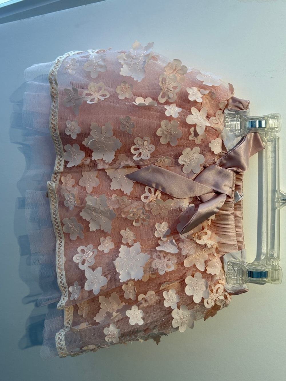 Baby Sara Girls Peachy Pink Floral Lace Tulle Skirt with Bow. Lined. New!